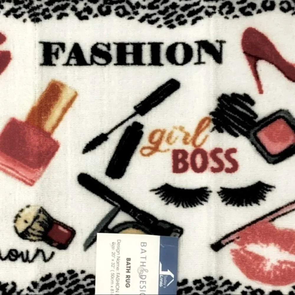 Fashion Girl Boss Animal Print Makeup Mat Rug 20 in X 32” White Pink Black Multi